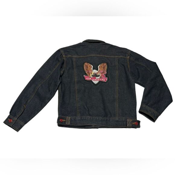 Vintage TG Ride American Eagle Patch Denim Jacket Motorcycle Jean Jacket Moto - Picture 1 of 9